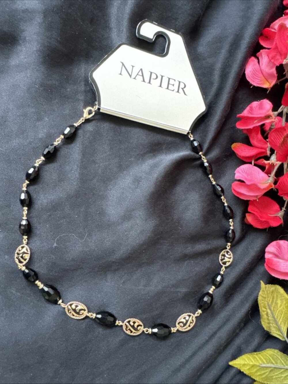 Napier Beaded Filigree Black Gold Beaded Chain Statement Necklace 16" NEW